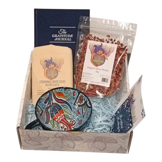 Gratitude Self Care Gift Box – Ceremonial Cacao, Rose Tea, Journal & Ceramic Mug