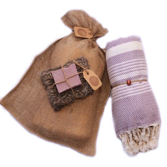 Natural Hammam Bath Gift Set – Turkish Cotton Towel, Lavender Soap & Scrub Glove